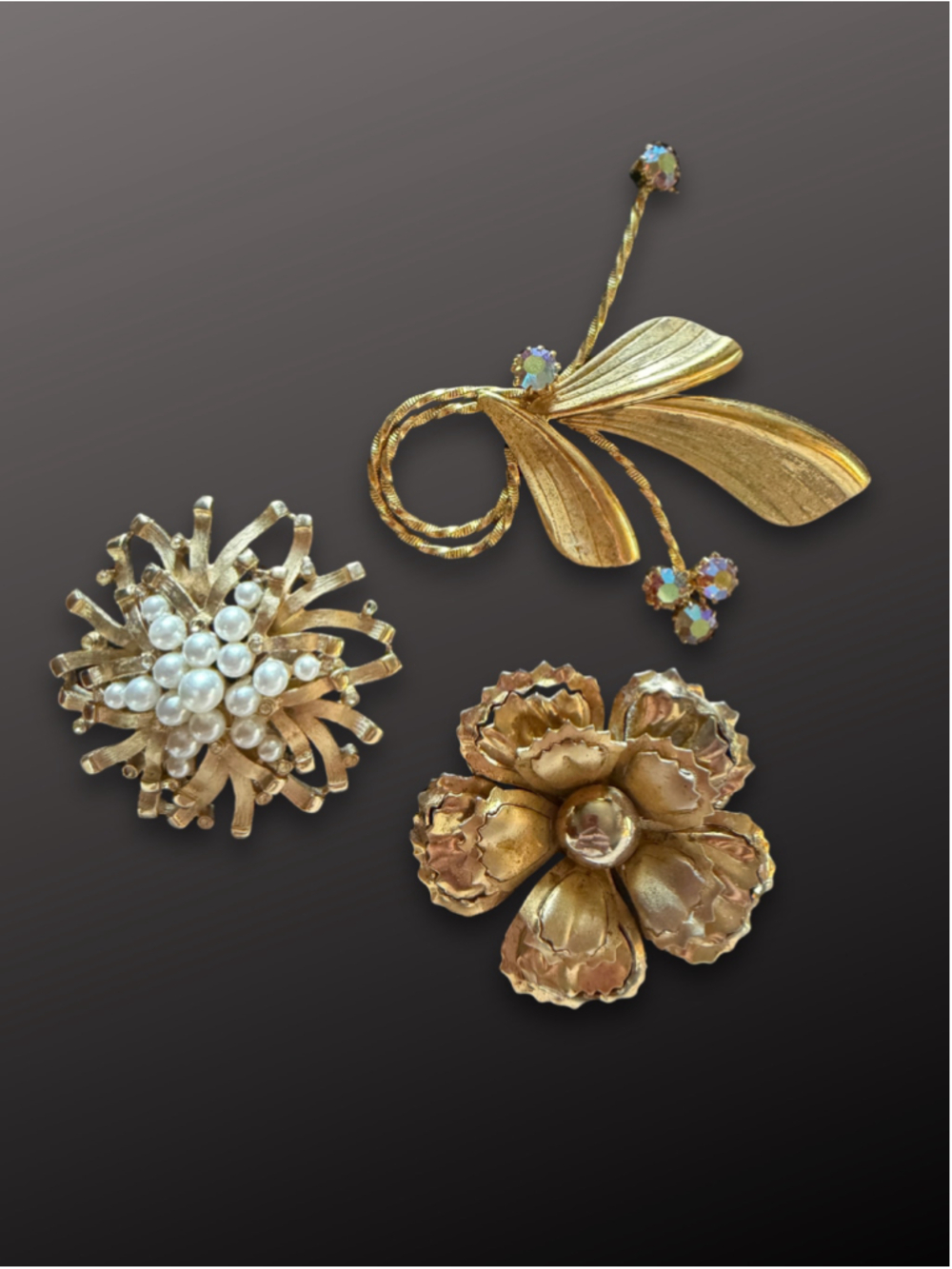 Lot of 3 Vintage Gold Tone Floral Brooches Pearl AB Rhinestone